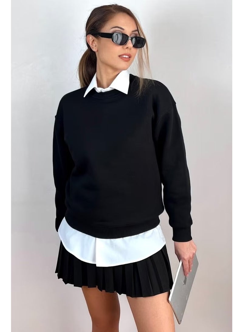 Ritnice Women's Cozy Black Basic Crew Neck Cotton Thick Knitted Sweatshirt with Fleece Inside - Image 2